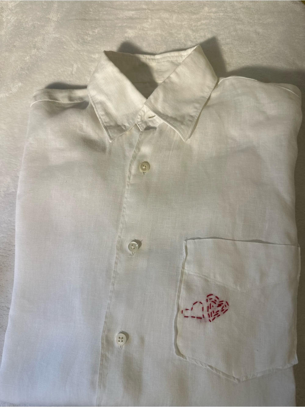 Canali Men's Linen White Shirt with Red Hearts Made In Italy Size L Long Sleeve